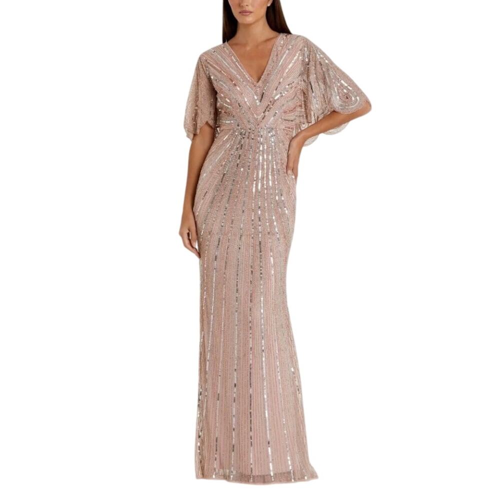 Mac Duggal 93583 Rose Pink Evening Gown Sequined Cape Sleeve Column Dress Size 6
